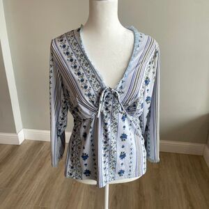 Y2K No Boundaries Women's XL Blue Floral Striped Print Wallpaper Peasant Blouse